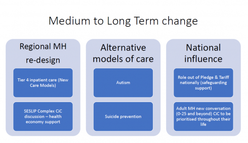 Medium to Long Term Change
Regional MH re-design equals Tier 4 inpatient care (New Care Models), SESLIP Complex CiC discussion - health economy support
Alternative models of care equals Autism, suicide prevention
National influence equals Roll out of Pledge & Traiff nationally (safeguarding support), Adult MH new conversation (0-25 and beyond) CiC to be prioritised throughout their life