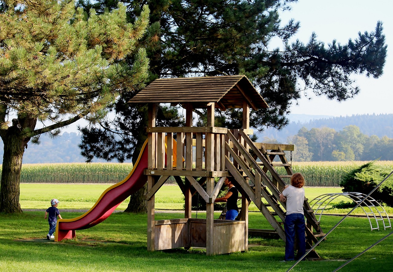 Parents and children playing on a wooden climbing frame in a countryside park